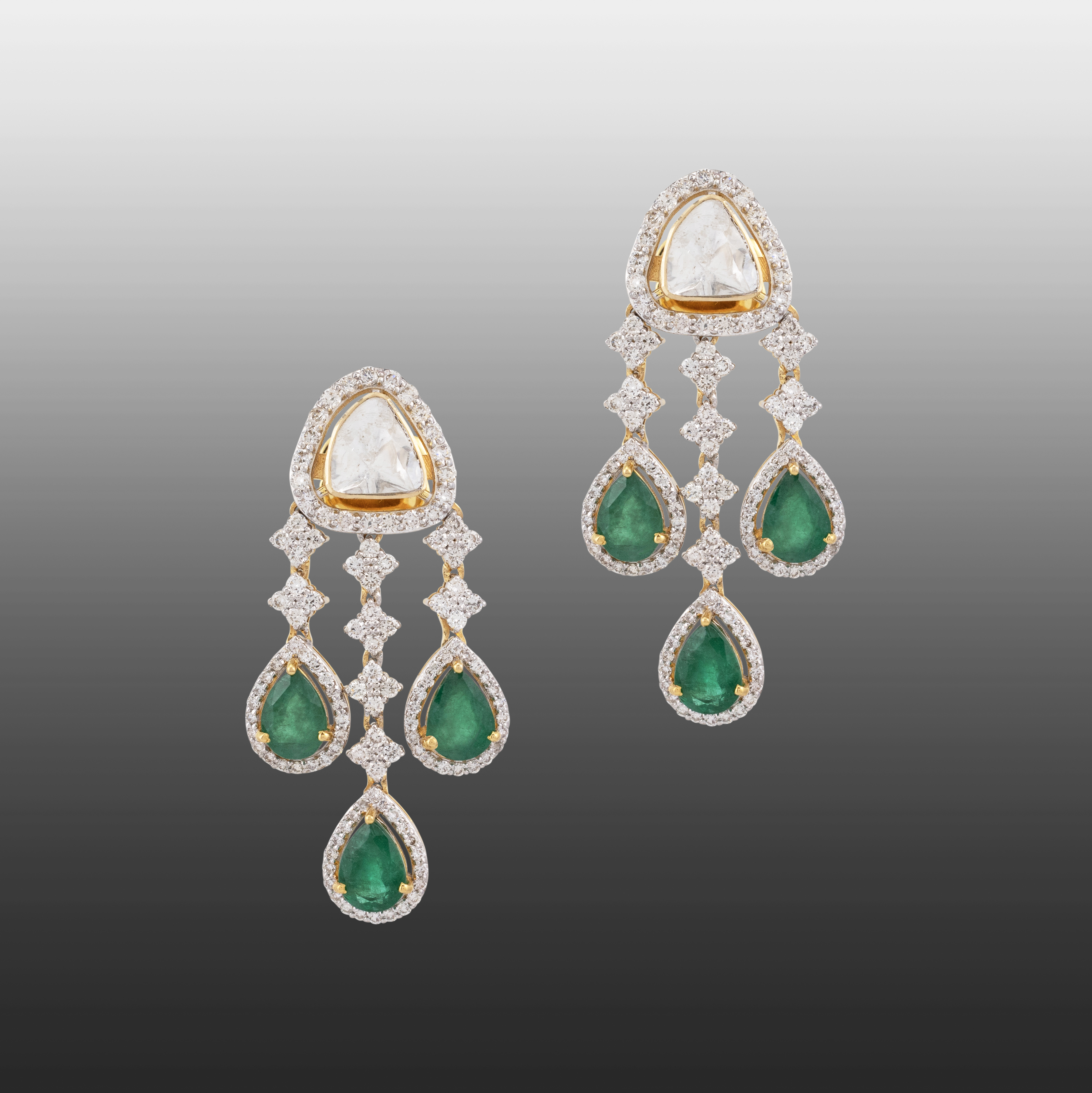 Polki and Zambian Emerald Drop Earrings with Diamond Accents